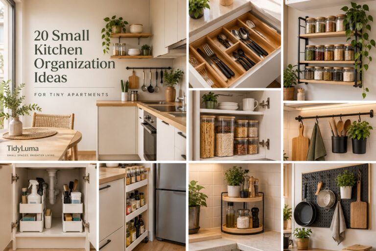 20 small kitchen organization ideas for tiny apartments, with drawer dividers, pantry jars, wall rails, and compact storage.