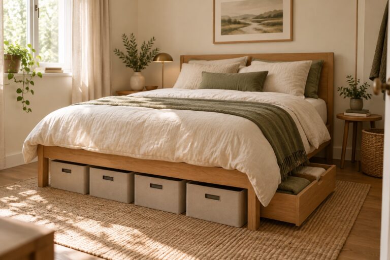 Small bedroom with coordinated bins and a drawer storing items neatly under a wooden bed