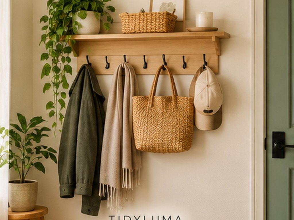 Small entryway organization ideas with wall hooks and a narrow shelf for coats and bags