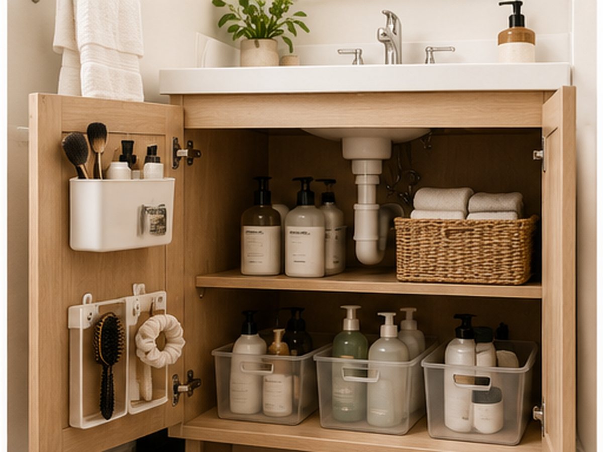 Bathroom vanity door organizers and under-sink storage in a small bathroom