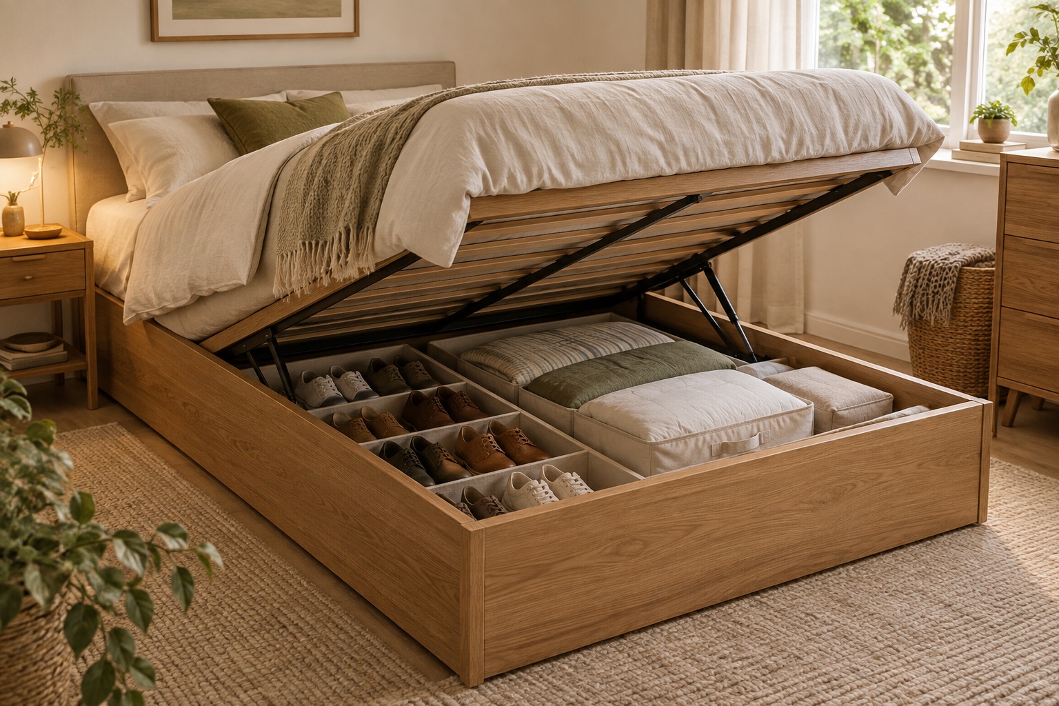 Lift-up storage bed organized with shoes and folded bedding