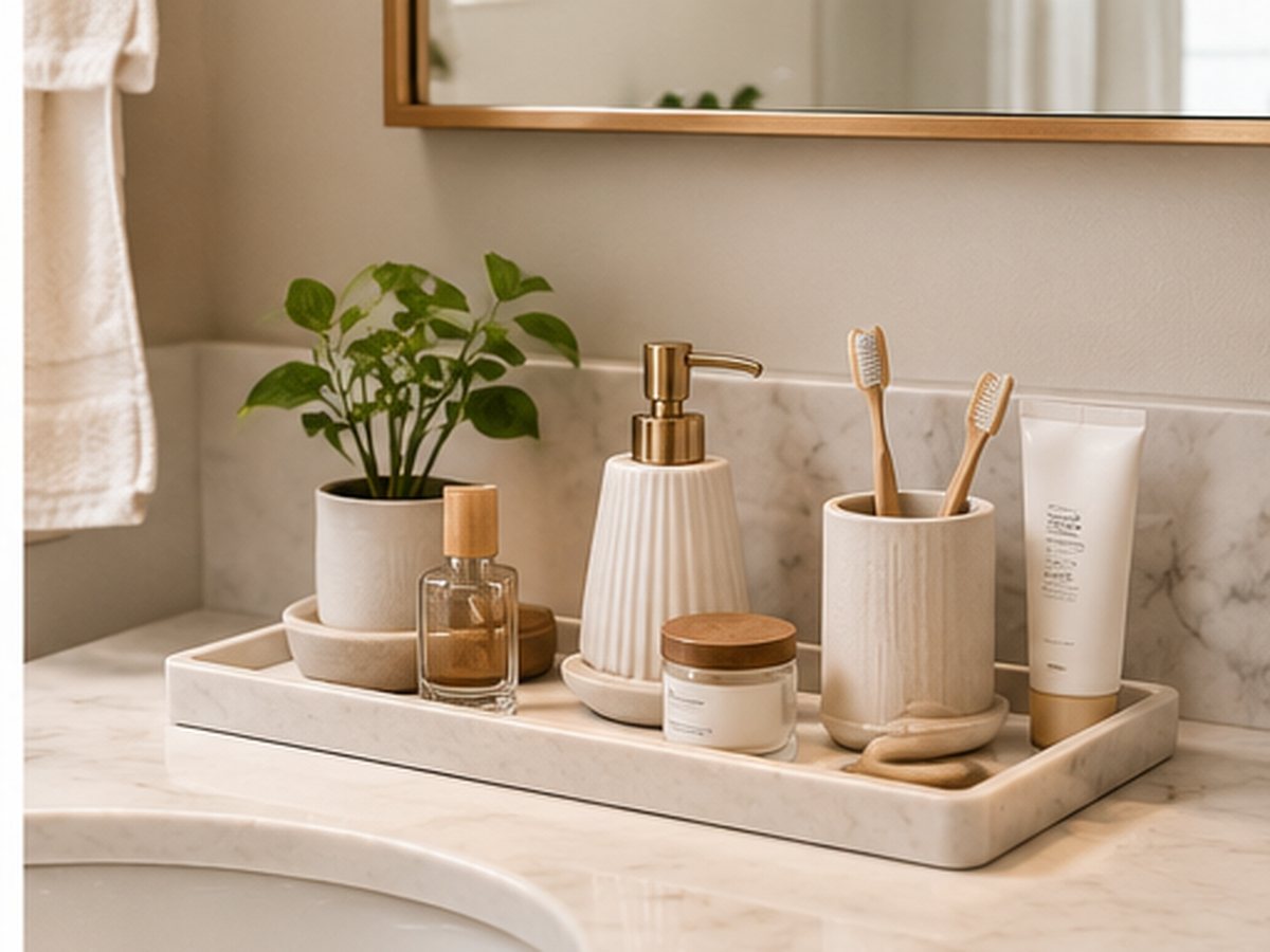 Clean small bathroom countertop with everyday toiletries organized on a simple tray