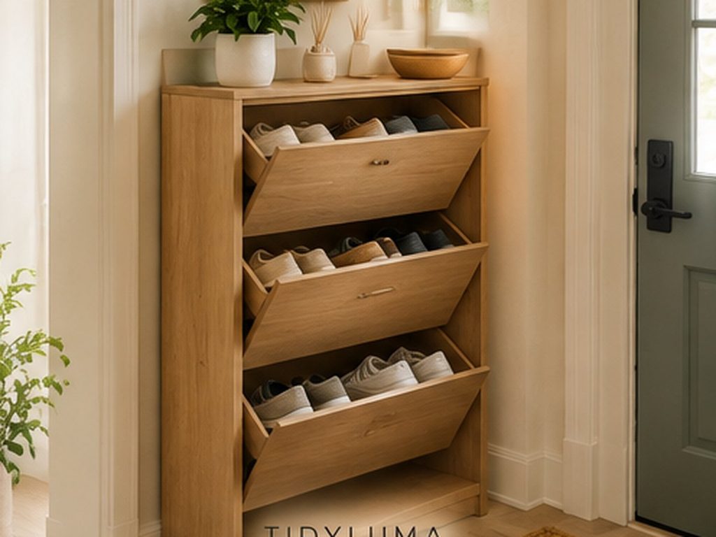 Slim shoe storage cabinet organizing everyday shoes in a small entryway