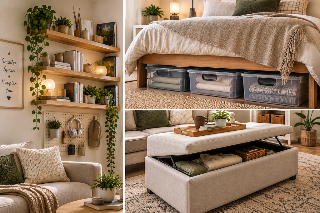 Small apartment storage ideas with wall shelves, under-bed storage bins, and a storage ottoman