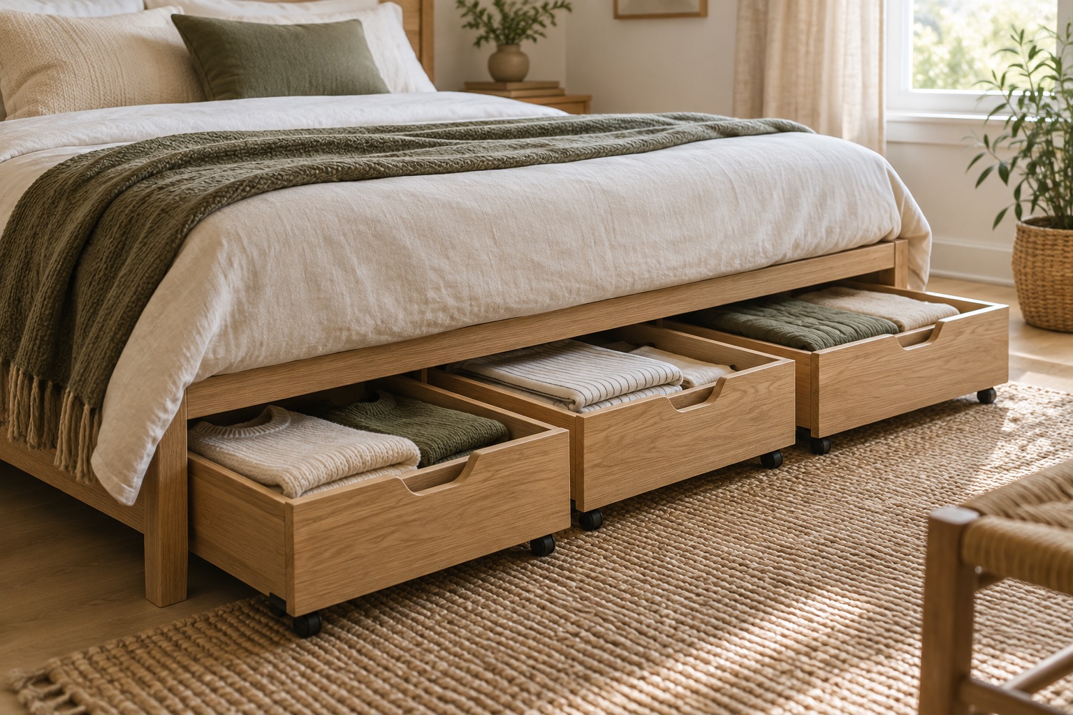 Rolling wooden drawers under a bed holding neatly folded clothes and linens