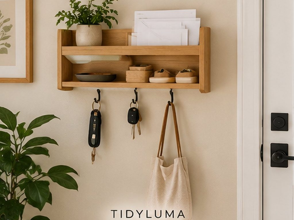 Entryway drop zone for keys and mail with wall-mounted storage