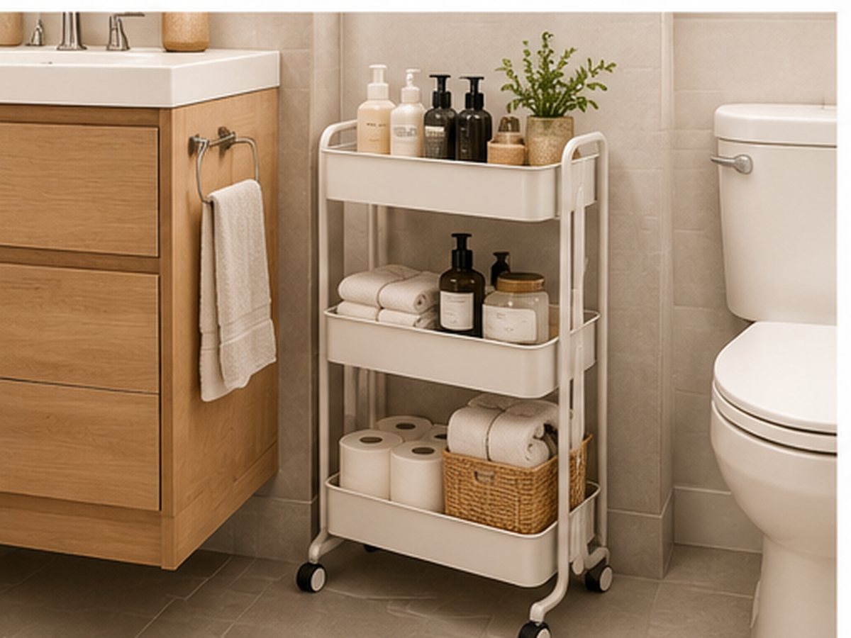 Slim three-tier rolling cart holding toiletries, towels, and toilet paper beside a bathroom vanity.
