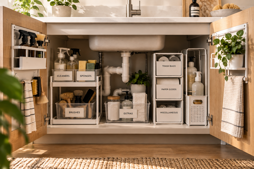 Organized under-sink cabinet with labeled bins, cleaning supplies, and storage shelves