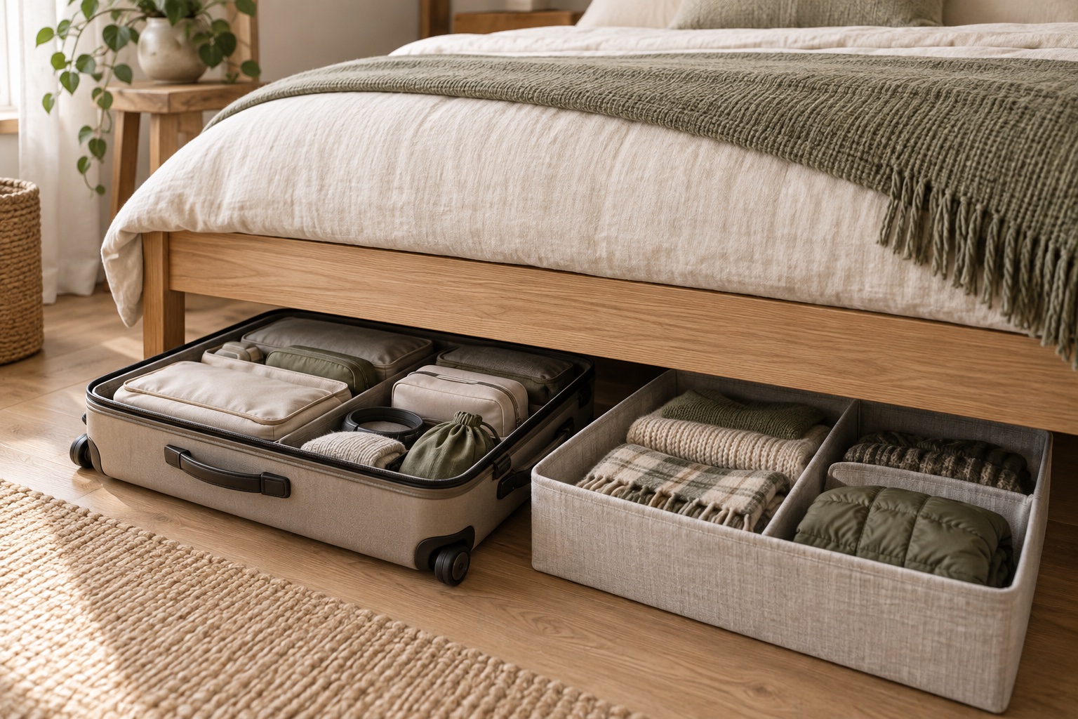 Suitcase with packing cubes and divided seasonal storage under a bed