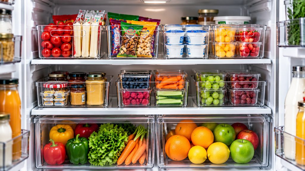 Clear refrigerator bins grouping yogurt, cheese, snacks, condiments, and fresh produce.
