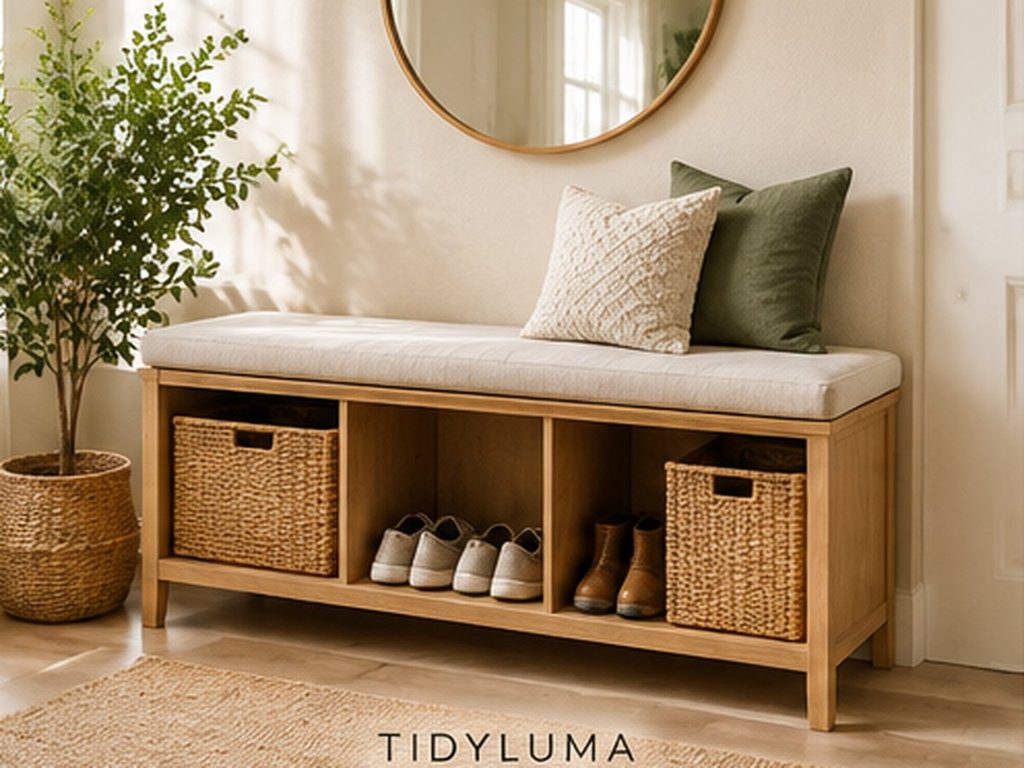 Narrow entryway bench with baskets and shoe storage underneath