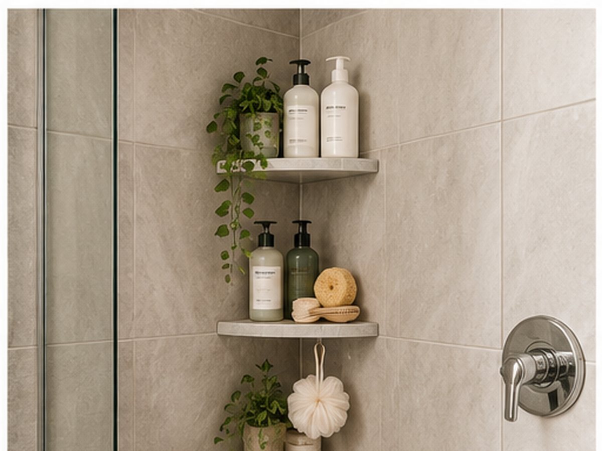 Organized corner shower shelves with neatly arranged bathroom essentials