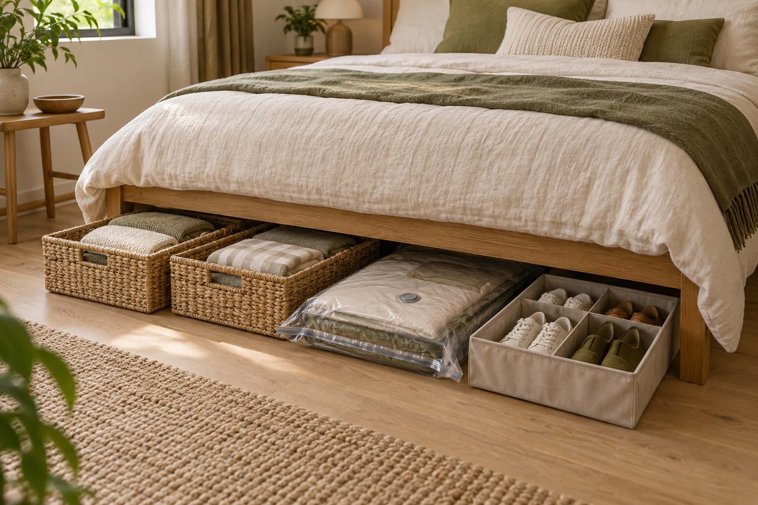 Woven baskets, a vacuum storage bag, and divided shoe organizer beneath a bed