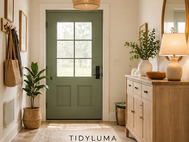 Calm organized small entryway with open floor space and practical storage
