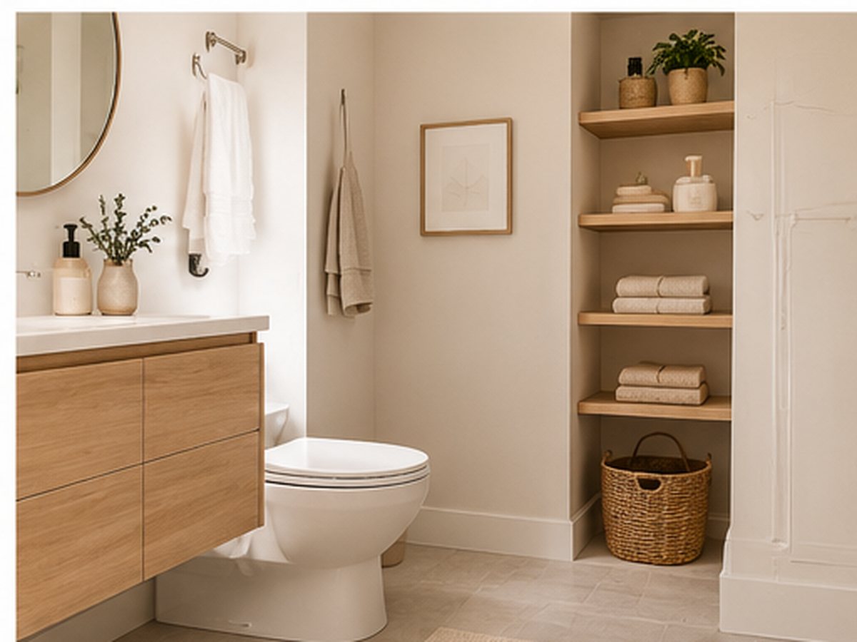 Calm decluttered small bathroom with open storage space and minimal accessories