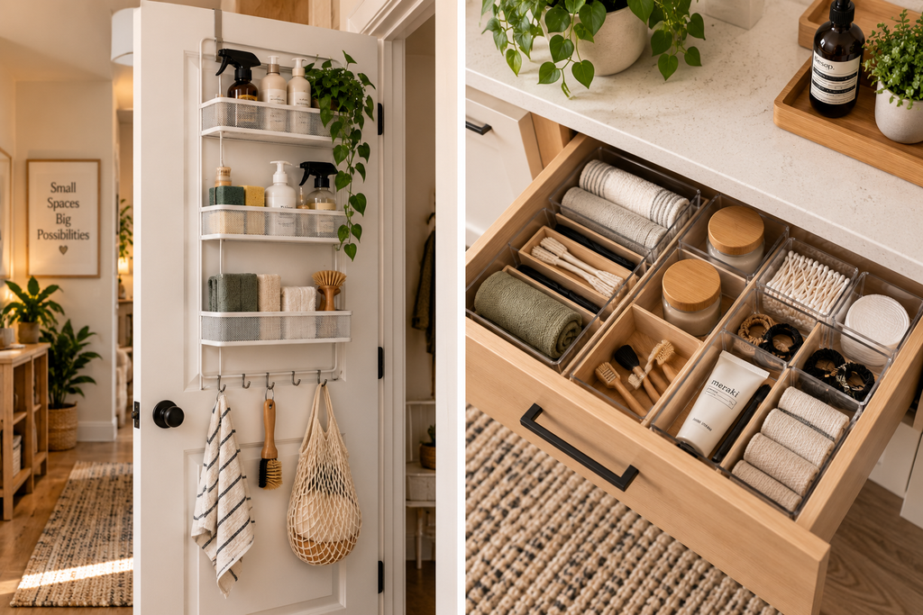 Organized drawer with dividers and an over-the-door storage organizer in a small apartment