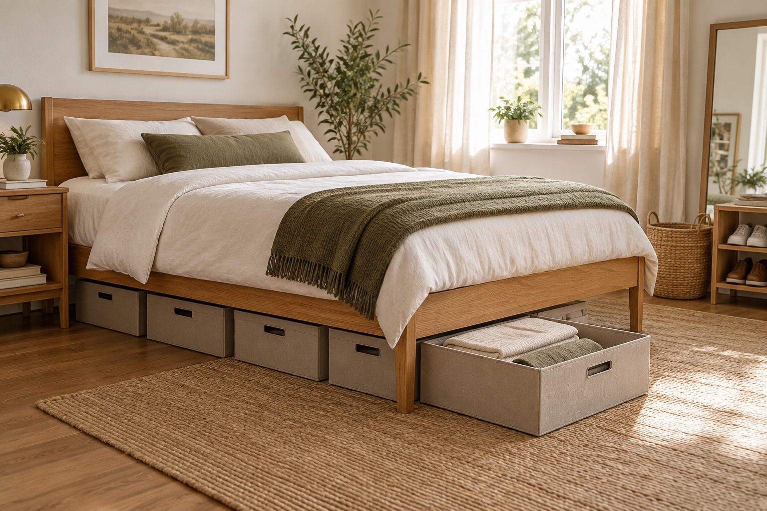 Organized small bedroom with matching under-bed boxes and folded bedding