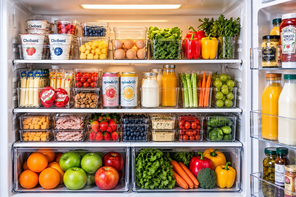 Everyday yogurt, eggs, cheese, drinks, and produce arranged on easy-to-reach refrigerator shelves.