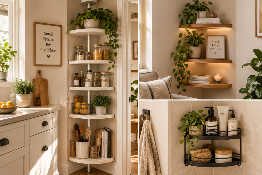 Small apartment corner storage ideas using corner shelves, floating shelves, and a bathroom corner organizer
