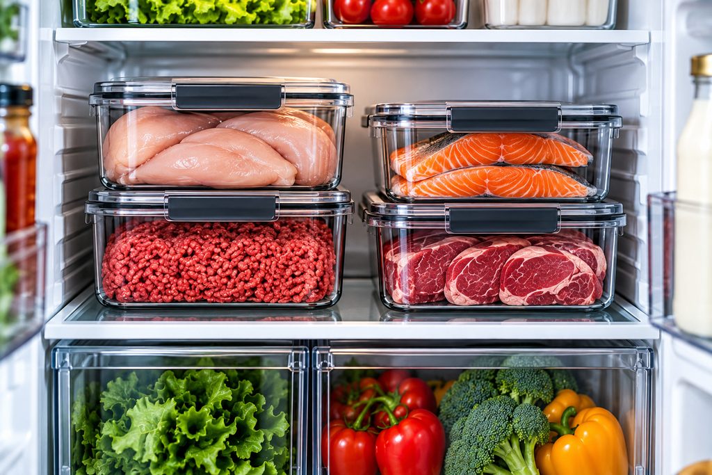 Lidded containers holding raw chicken, ground beef, steaks, and salmon on a refrigerator shelf.