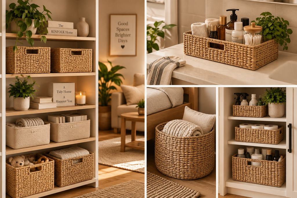 Woven baskets used to organize shelves, bathroom supplies, blankets, and household items