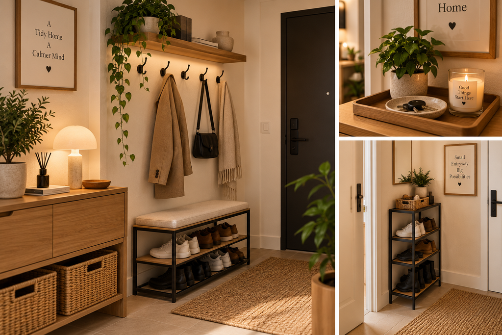 Organized small apartment entryway with wall hooks, shoe storage, baskets, and a narrow console