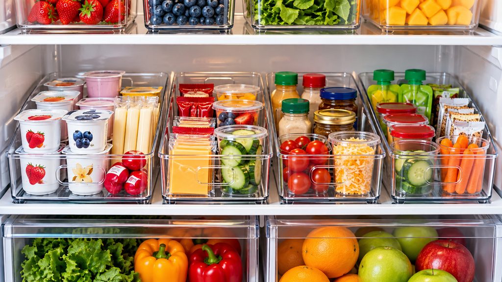 Organized refrigerator shelf with yogurt, cheese, condiments, and sliced vegetables grouped in clear bins.