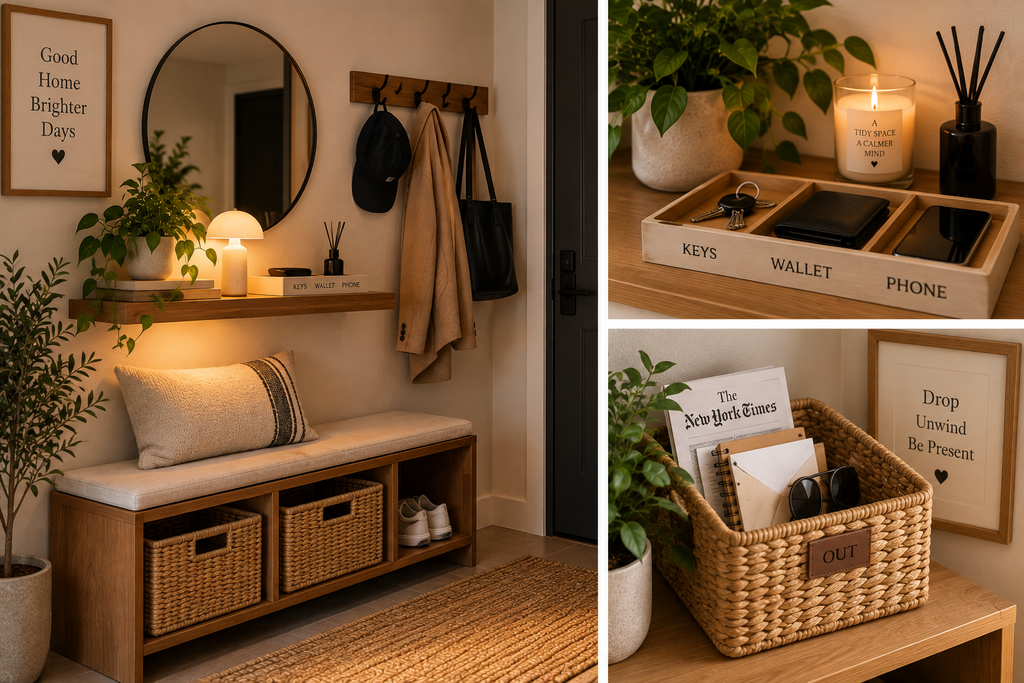 Small apartment entryway drop zone with storage bench, baskets, hooks, and trays for keys and essentials