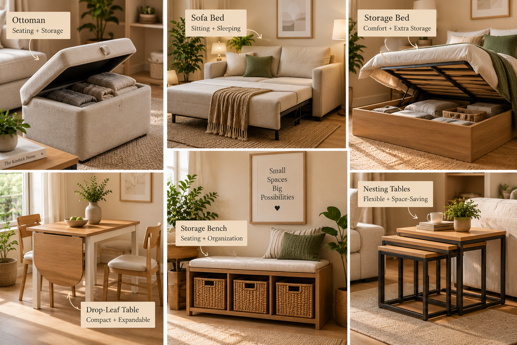 Multi-purpose furniture for small apartments including storage ottoman, sofa bed, storage bed, and nesting tables