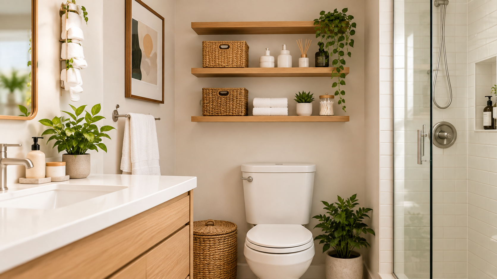 Small bathroom with a wood vanity, floating shelves, woven baskets, and a glass shower.