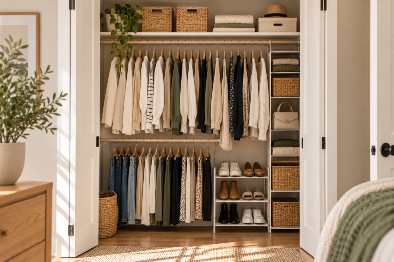 Small closet organization ideas with double hanging rods, woven baskets, and compact shoe storage in an apartment