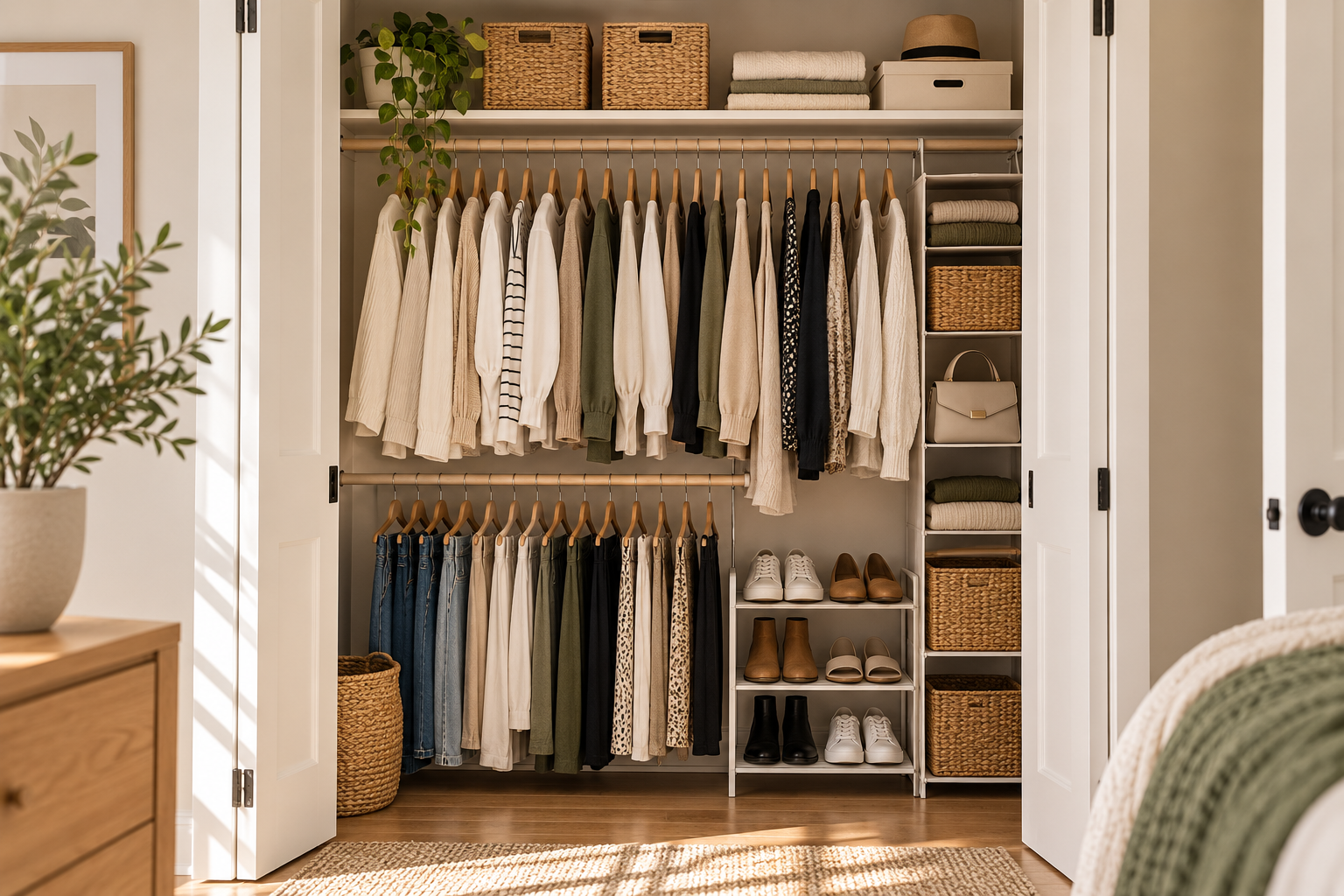 Double hanging rod closet with shirts on the upper rail and pants on the lower rail