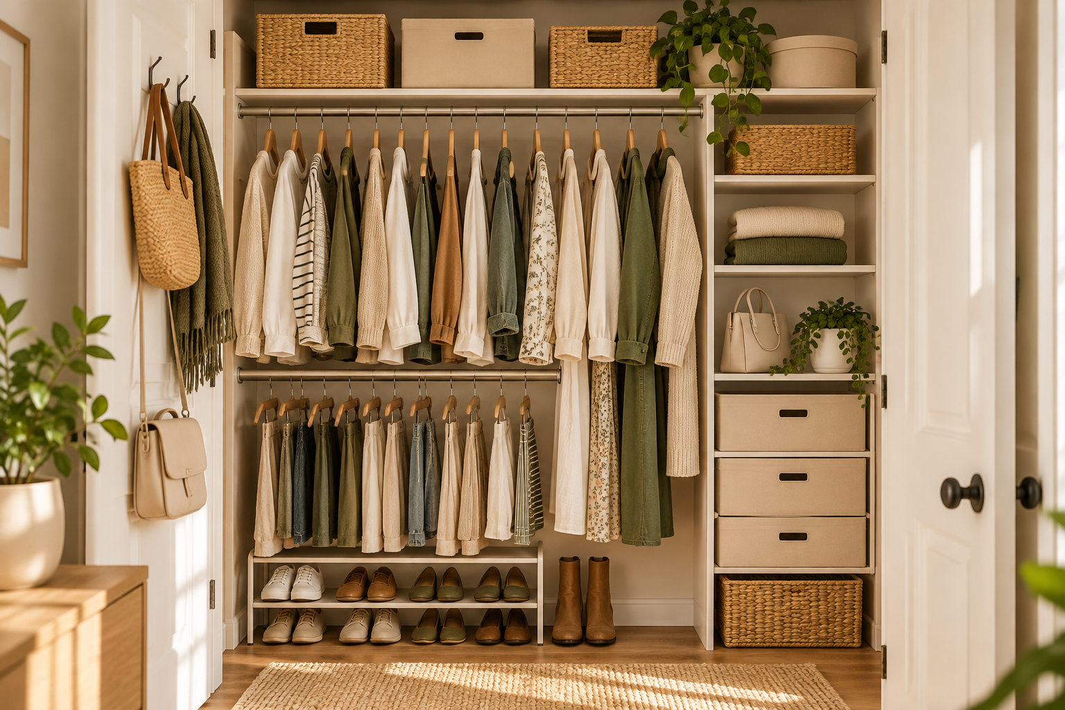 Closet baskets for small categories arranged on shelves beside neatly hanging clothes