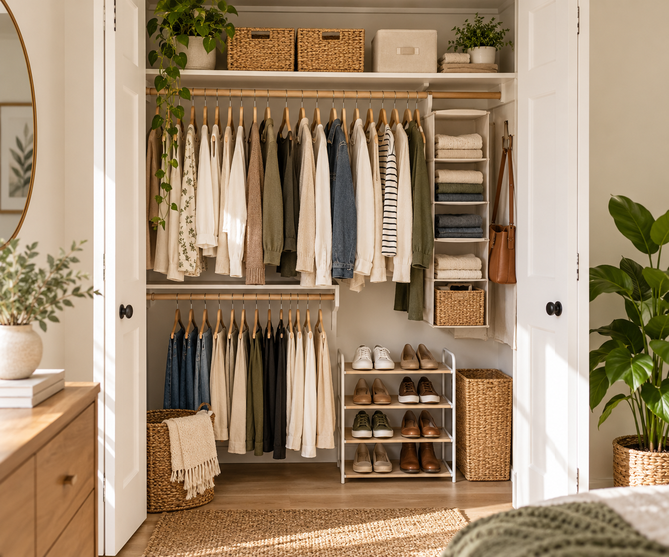 Slim shoe storage in small closet with a narrow four-tier shoe rack beneath hanging clothes