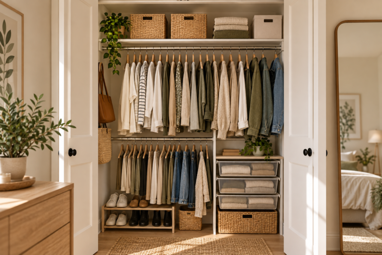 Organized small apartment closet with double rods, baskets, drawers, and clear floor space