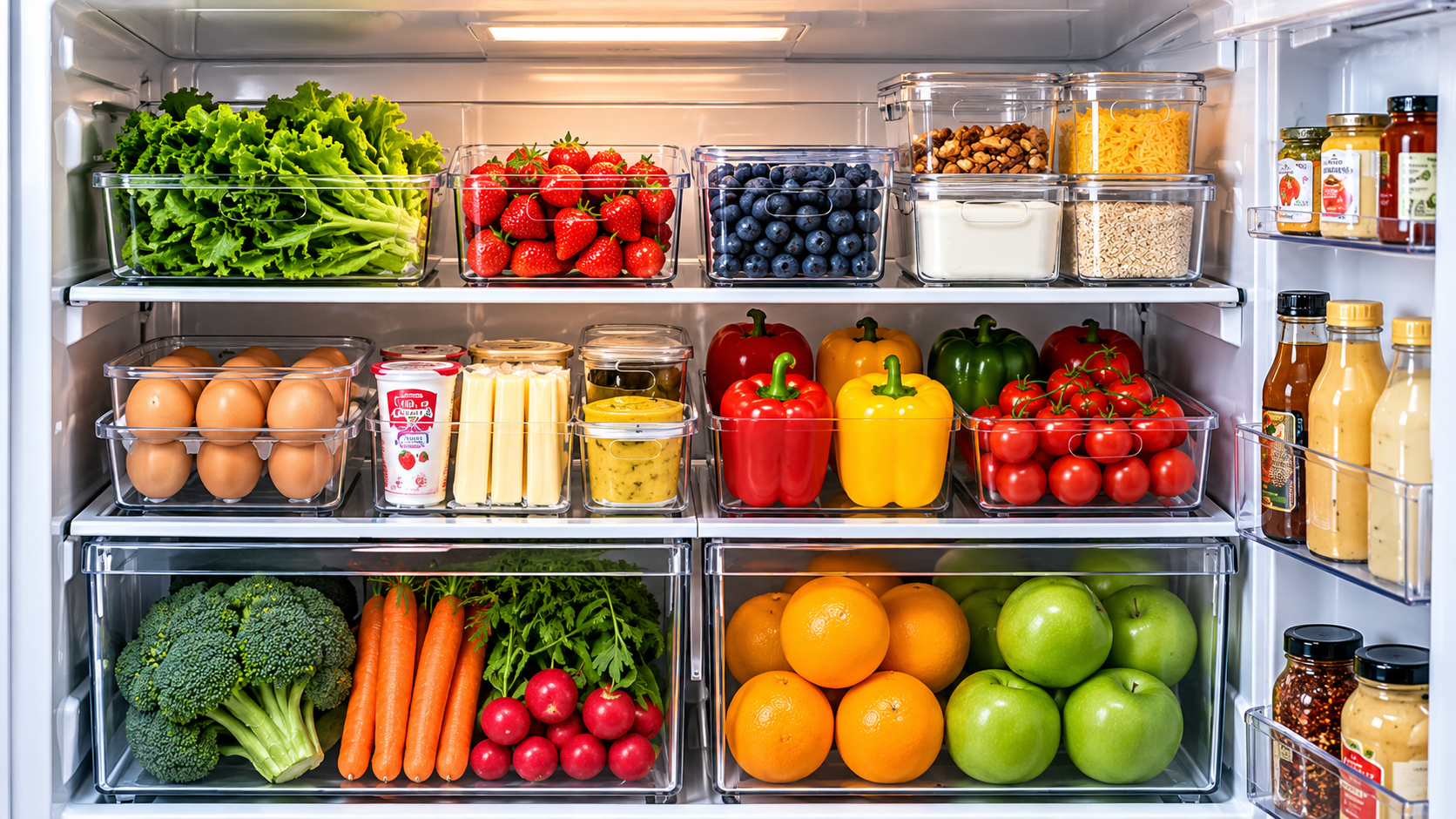 Organized small apartment fridge with clear storage bins