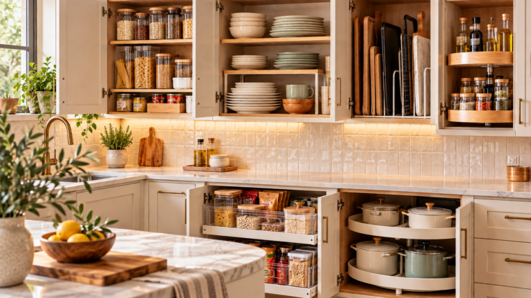 Organized small kitchen cabinets in a bright apartment kitchen