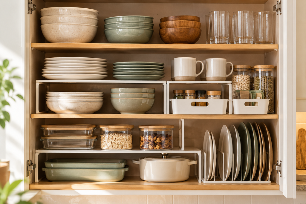 Shelf risers organizing plates bowls and mugs in a small kitchen cabinet