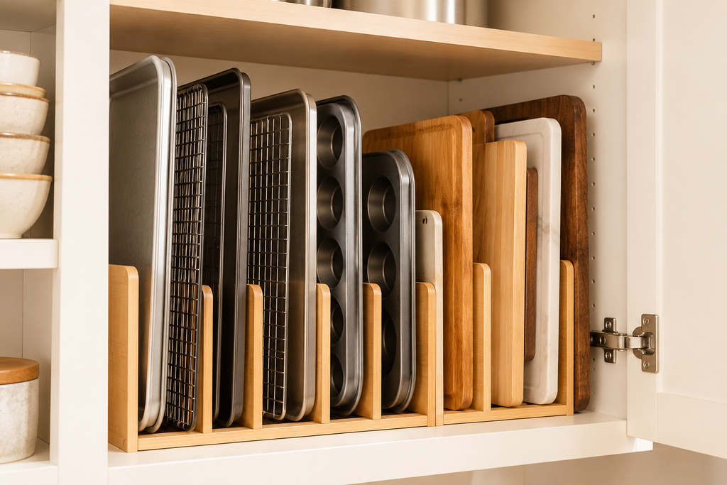 Baking sheets and cutting boards stored vertically in a small kitchen cabinet