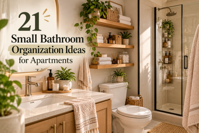 21 small bathroom organization ideas for apartments, with floating shelves and an organized vanity