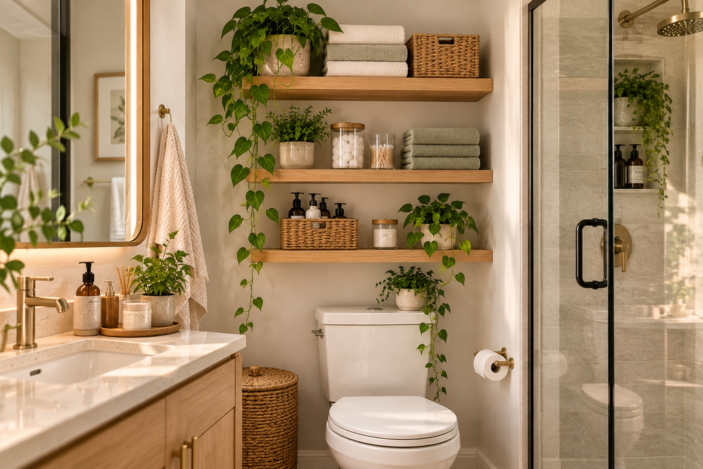 Floating shelves above a toilet holding folded towels, baskets, and toiletries
