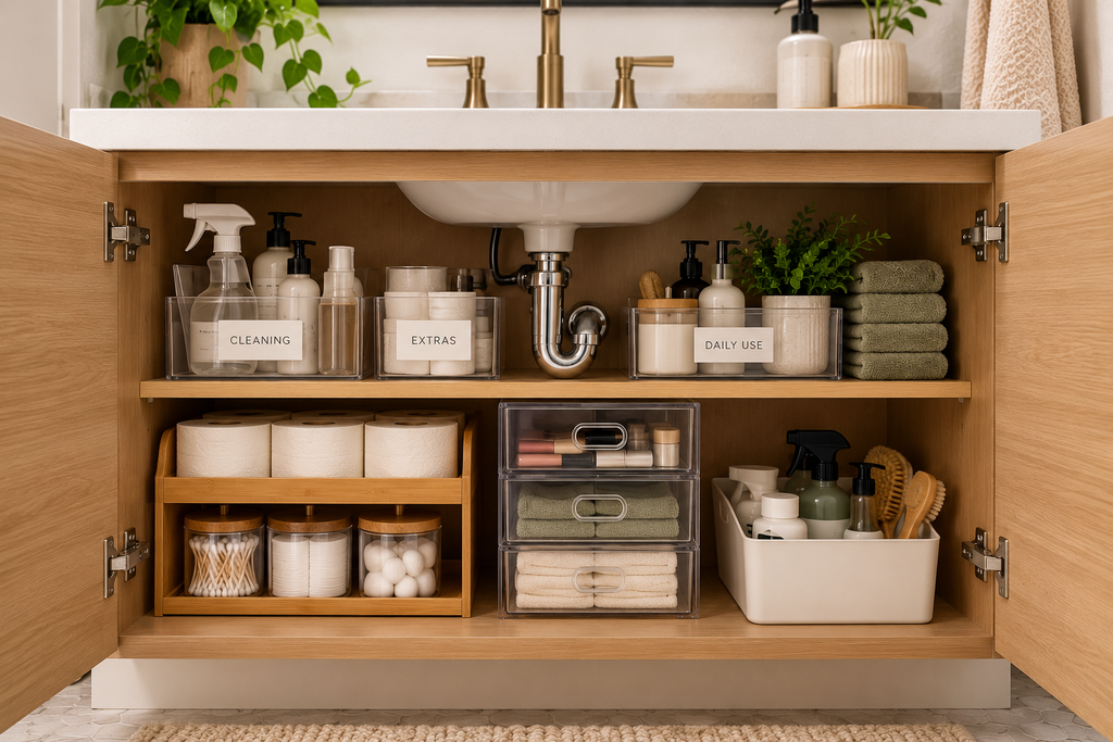 Under-sink bathroom cabinet with labeled bins and stacked drawers arranged around plumbing