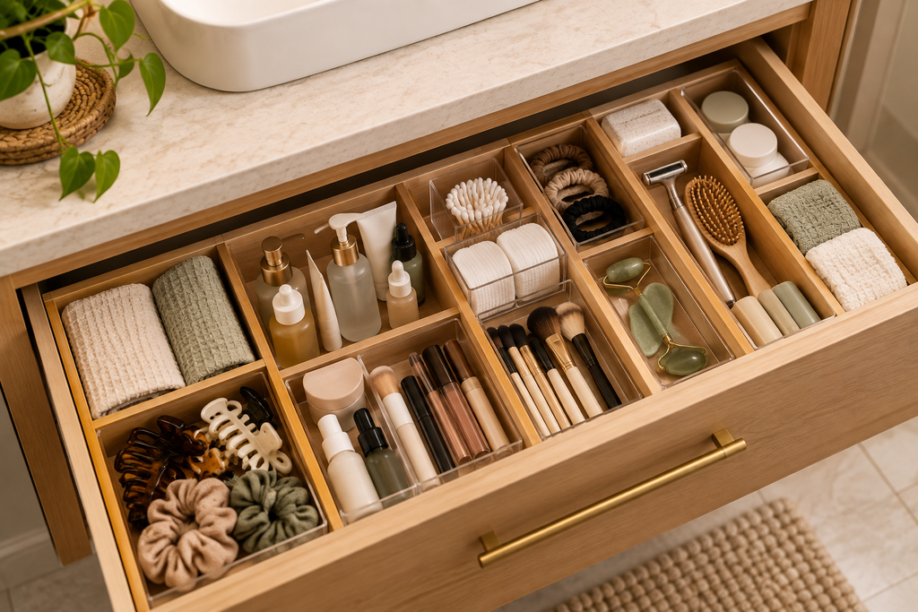 Organized bathroom vanity drawer with dividers for toiletries and grooming tools