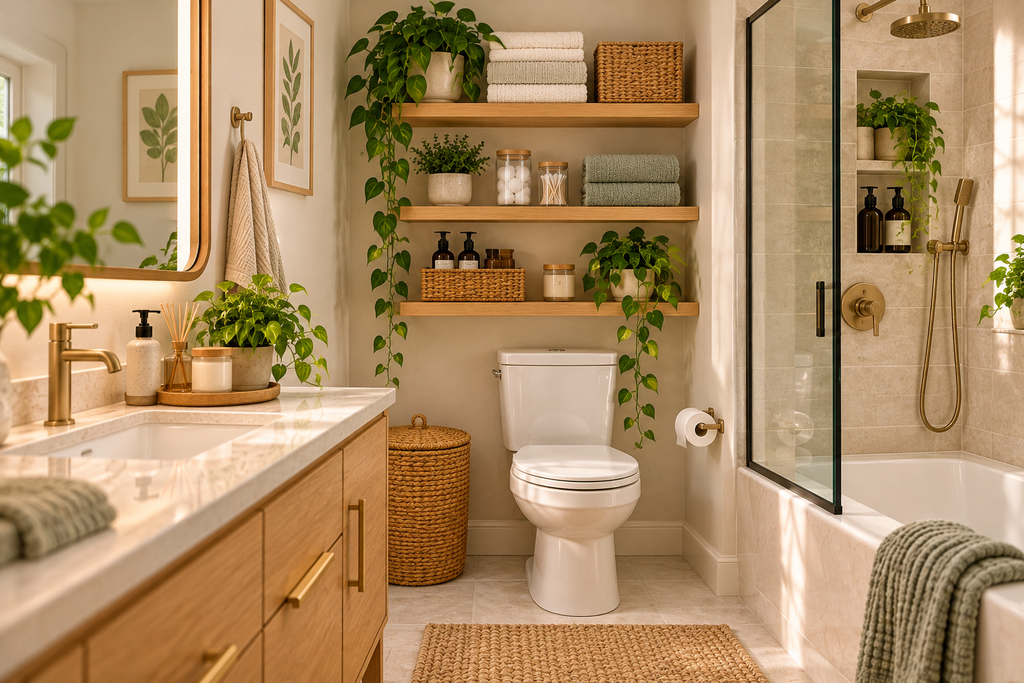 Neatly reset small bathroom with clear counters, folded towels, and organized storage