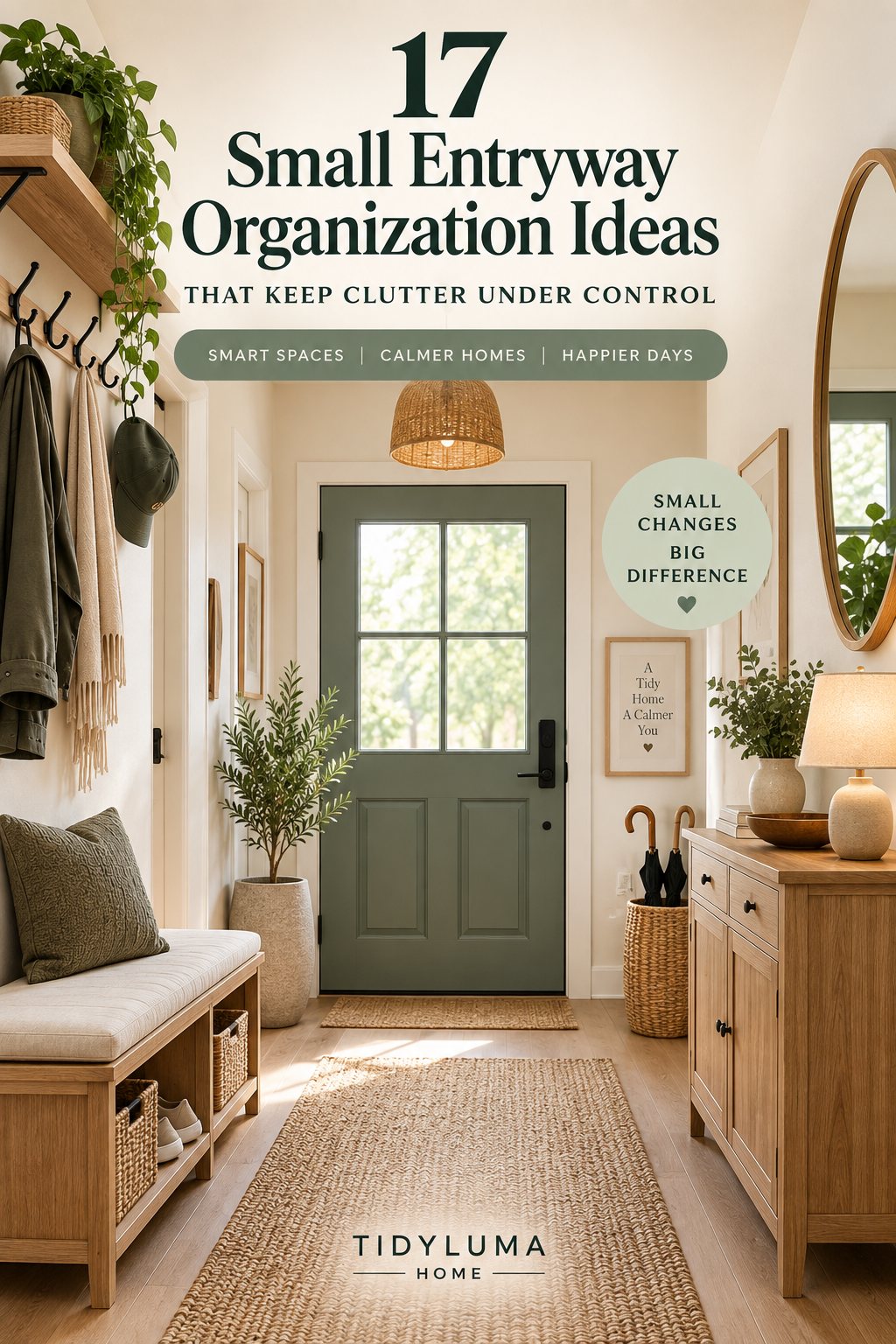 Small entryway organization ideas with a narrow bench, baskets, hooks, and warm wood storage