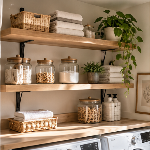 Wood floating shelves above laundry appliances holding folded towels, glass jars, and woven baskets.