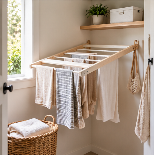 Wall-mounted fold-down drying rack with towels and light clothing beside a laundry-room window.
