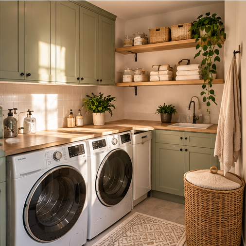 Organized laundry room with sage cabinets, wood countertops, open shelves, and a woven hamper.
