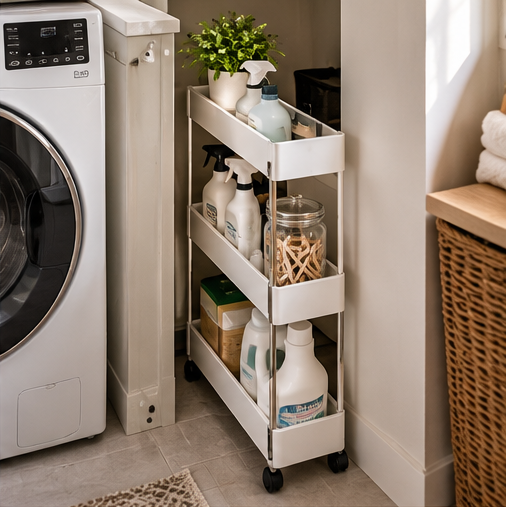 Slim white rolling cart holding laundry supplies beside a washing machine.