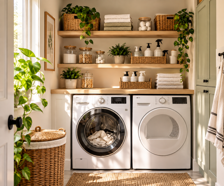 Small laundry room with white appliances, wood shelves, woven baskets, and sage cabinetry.